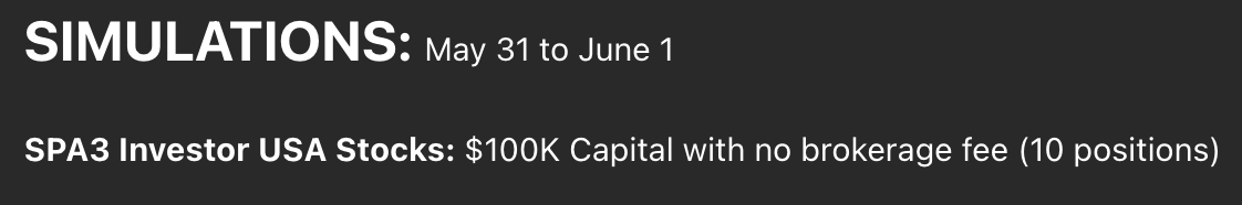 SPA3 Investor US simulation overview showing $100,000 starting capital, no brokerage fee, 10 positions, and periods ending 1 June 2026.